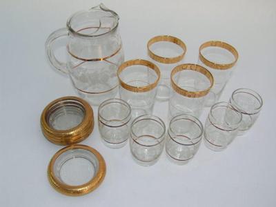 Pitcher and glassware set, gold trimmed