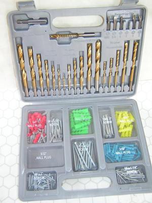 Wall anchor installation kit, with drill bits and lots of anchors w/screws.