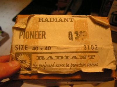 Slide/movie projection screen, “Radiant” brand Pioneer model, 40"x40".