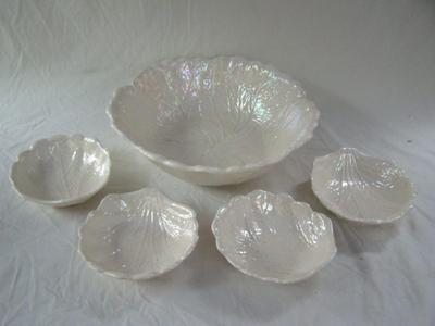 Ceramic White Pearlescent salad bowl set, pre 1960 vintage,