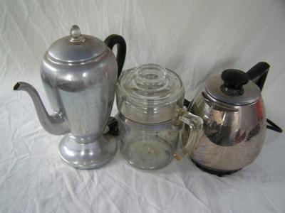 Three vintage coffee makers, 2 electric & 1 glass stove top style