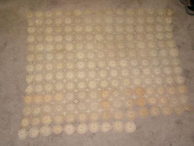 Crocheted table throw cover. Beige. Fine thread and detail work. About 44'x54".