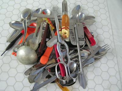 Pile of flatware & misc assorted kitchen items