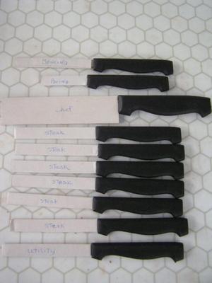 Vintage wooden knife rack and contemporary 10 pc. Set of knives
