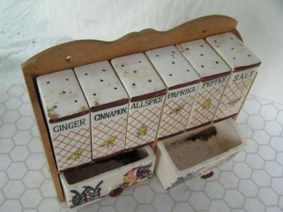 Vintage wall mounted spice rack, ceramic containers & drawers, wood frame