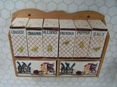 Vintage wall mounted spice rack, ceramic containers & drawers, wood frame