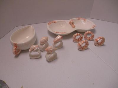 Stafford 1986 Japan Sea Fare Porcelain White & Coral Ceramic Shrimp Dishes & Napkin Holders (K)
