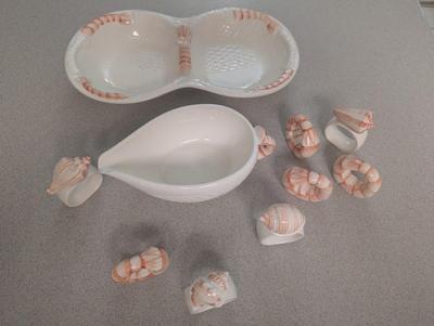 Stafford 1986 Japan Sea Fare Porcelain White & Coral Ceramic Shrimp Dishes & Napkin Holders (K)