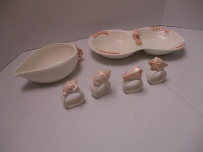 Stafford 1986 Japan Sea Fare Porcelain White & Coral Ceramic Shrimp Dishes & Napkin Holders (K)