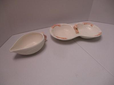 Stafford 1986 Japan Sea Fare Porcelain White & Coral Ceramic Shrimp Dishes & Napkin Holders (K)