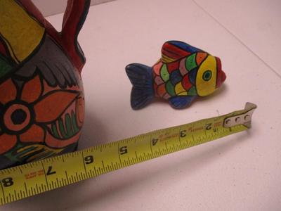 Vintage Hand Painted Mexican Folk Art Clay Potter Vase & Fish (K)