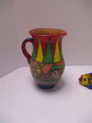 Vintage Hand Painted Mexican Folk Art Clay Potter Vase & Fish (K)