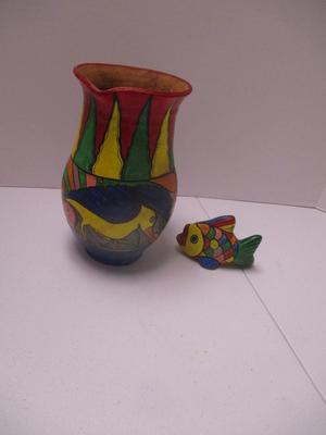 Vintage Hand Painted Mexican Folk Art Clay Potter Vase & Fish (K)