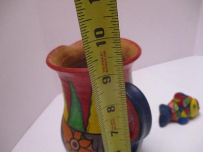Vintage Hand Painted Mexican Folk Art Clay Potter Vase & Fish (K)
