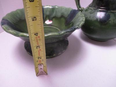 Vintage Green Drip Glazed Candy Dish & Pitcher (K)