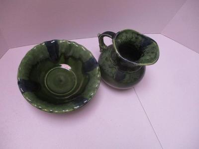 Vintage Green Drip Glazed Candy Dish & Pitcher (K)