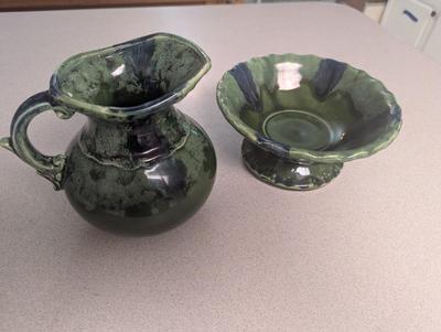 Vintage Green Drip Glazed Candy Dish & Pitcher (K)