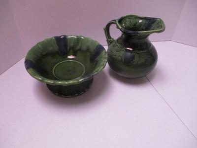 Vintage Green Drip Glazed Candy Dish & Pitcher (K)