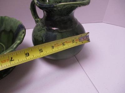 Vintage Green Drip Glazed Candy Dish & Pitcher (K)