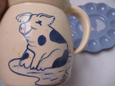 Animal Pottery & Ceramic Dishes Auntie Em Egg Plate Cow Creamer Folk Art Crock With Lid & Pig (K)