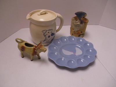 Animal Pottery & Ceramic Dishes Auntie Em Egg Plate Cow Creamer Folk Art Crock With Lid & Pig (K)