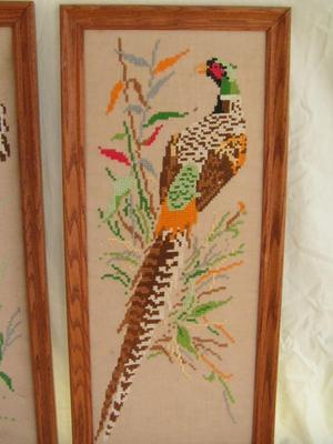 Pair of cross stitch wall decor, each about 24" tall x 10" wide