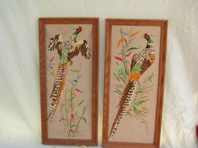 Pair of cross stitch wall decor, each about 24" tall x 10" wide