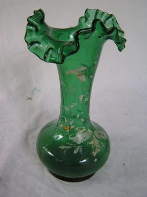 Vintage Bohemian hand blown green glass ruffled vase.