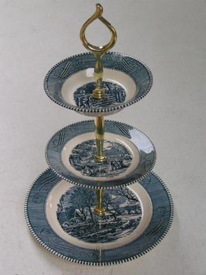 Vintage Currier & Ives appetizer 3 tier tid-bit tray.