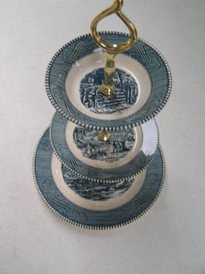 Vintage Currier & Ives appetizer 3 tier tid-bit tray.
