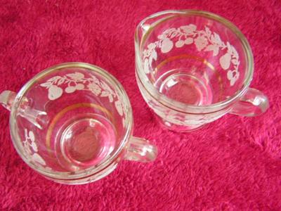 Bartlett Collins vintage gold trimmed leaf & grape etched crystal cream & sugar set