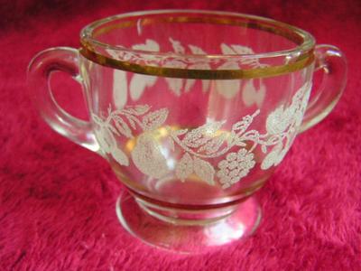 Bartlett Collins vintage gold trimmed leaf & grape etched crystal cream & sugar set