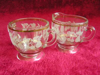 Bartlett Collins vintage gold trimmed leaf & grape etched crystal cream & sugar set