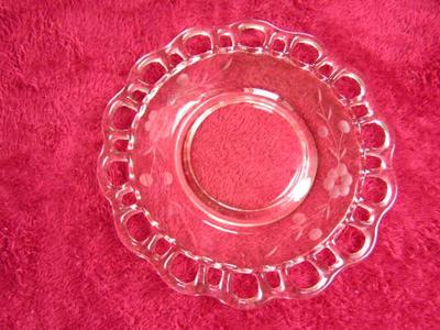 Depression era vintage pink cut glass plate from Anchor Hocking. About 9" dia