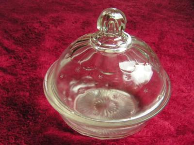 1800s covered butter dish. Clear press glass, unknown origins.