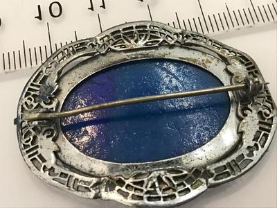 Blue Stone In Silver Tone Filagree Tiny Enamel Flowers