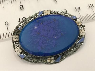 Blue Stone In Silver Tone Filagree Tiny Enamel Flowers