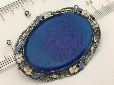 Blue Stone In Silver Tone Filagree Tiny Enamel Flowers