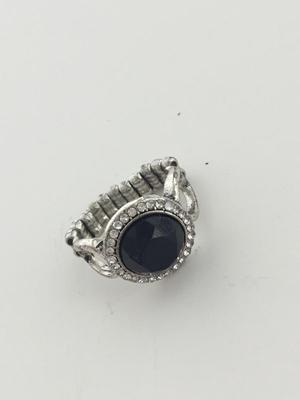 Stretchy black silver tone costume ring