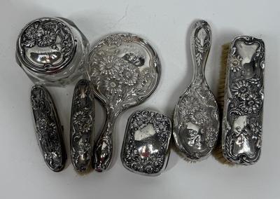 Sale Photo Thumbnail #61: Hand mirror, brushes, nail buffer, dresser Jar, Soap Box.  fair to good condition - there are dings and dents, and some deterioration of nail buffer pad, mirror clarity which is normal for the age of the pieces.. See photos for condition. All pieces are m