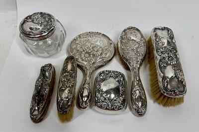 Sale Photo Thumbnail #68: Hand mirror, brushes, nail buffer, dresser Jar, Soap Box.  fair to good condition - there are dings and dents, and some deterioration of nail buffer pad, mirror clarity which is normal for the age of the pieces.. See photos for condition. All pieces are m