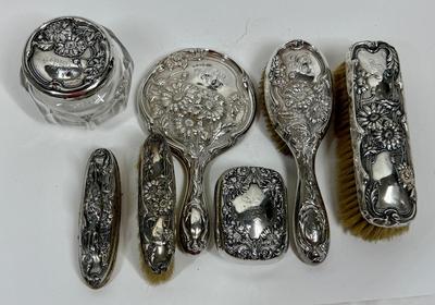 Sale Photo Thumbnail #80: Hand mirror, brushes, nail buffer, dresser Jar, Soap Box.  fair to good condition - there are dings and dents, and some deterioration of nail buffer pad, mirror clarity which is normal for the age of the pieces.. See photos for condition. All pieces are m