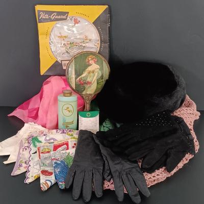 LOT 136: Vintage Faux Fur Hat, Gloves, Handkerchiefs & More