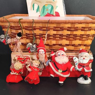 LOT 137: Vintage Christmas- Hard Plastic Blow Mold Santa Ornament, Flocked Deer, Dancing Santa, Foil Elves & More