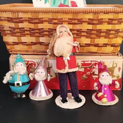 LOT 137: Vintage Christmas- Hard Plastic Blow Mold Santa Ornament, Flocked Deer, Dancing Santa, Foil Elves & More