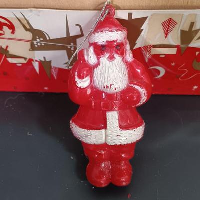 LOT 137: Vintage Christmas- Hard Plastic Blow Mold Santa Ornament, Flocked Deer, Dancing Santa, Foil Elves & More