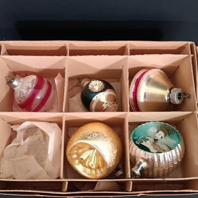 LOT 137: Vintage Christmas- Hard Plastic Blow Mold Santa Ornament, Flocked Deer, Dancing Santa, Foil Elves & More