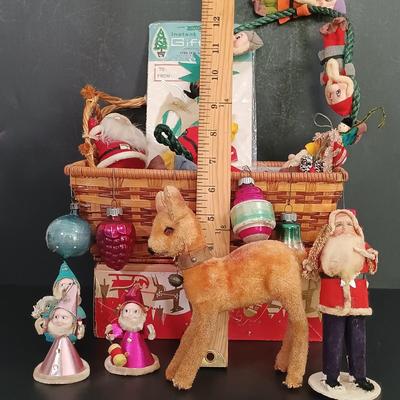 LOT 137: Vintage Christmas- Hard Plastic Blow Mold Santa Ornament, Flocked Deer, Dancing Santa, Foil Elves & More