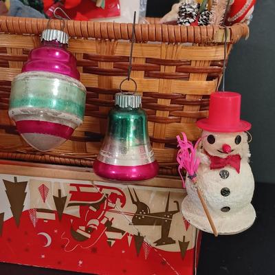 LOT 137: Vintage Christmas- Hard Plastic Blow Mold Santa Ornament, Flocked Deer, Dancing Santa, Foil Elves & More