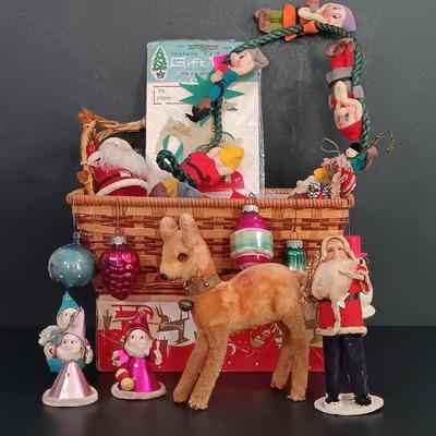 LOT 137: Vintage Christmas- Hard Plastic Blow Mold Santa Ornament, Flocked Deer, Dancing Santa, Foil Elves & More